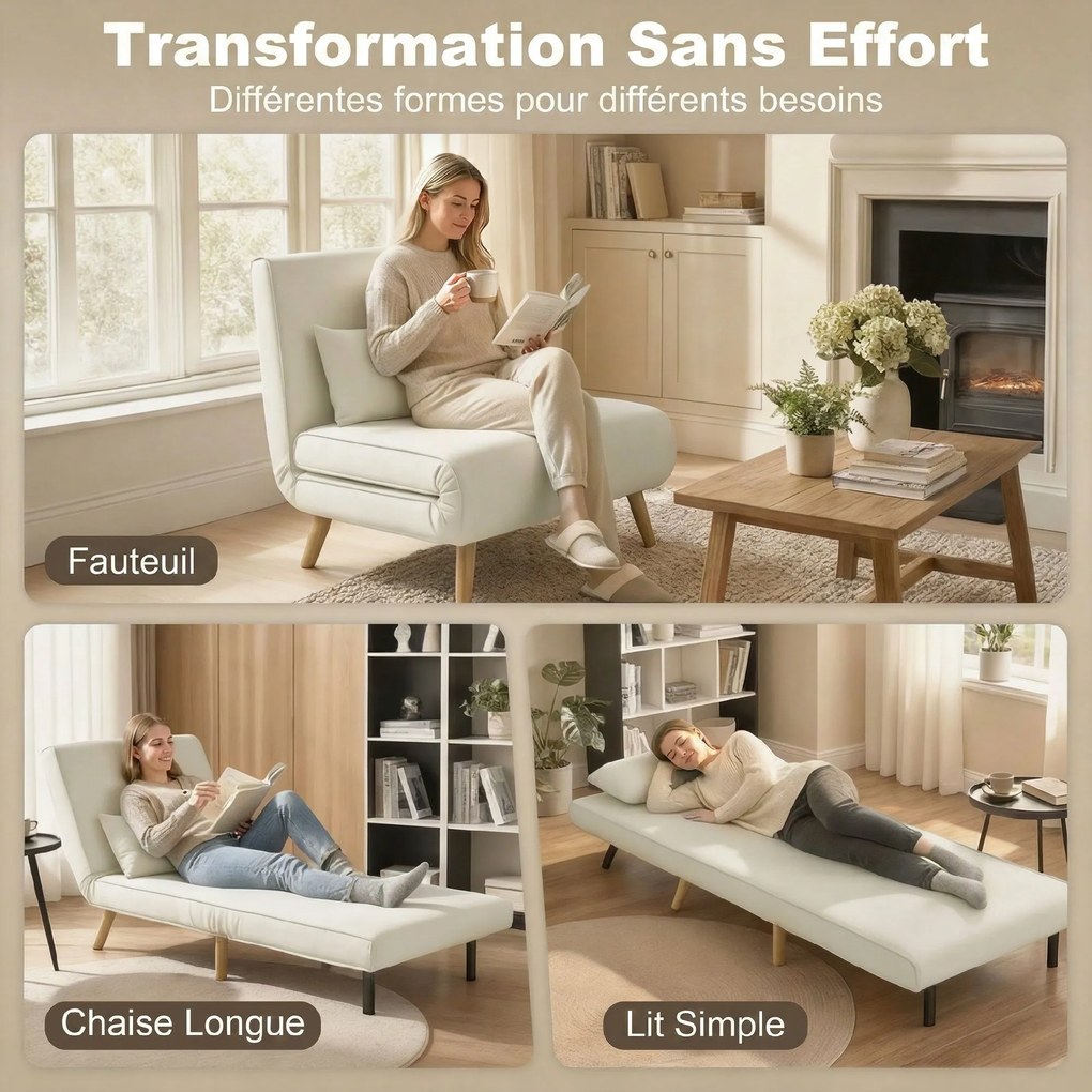 Poltrona conversível 3 em 1: poltrona-cama de 1 lugar, encosto com 5 posições, em tecido com almofada, creme