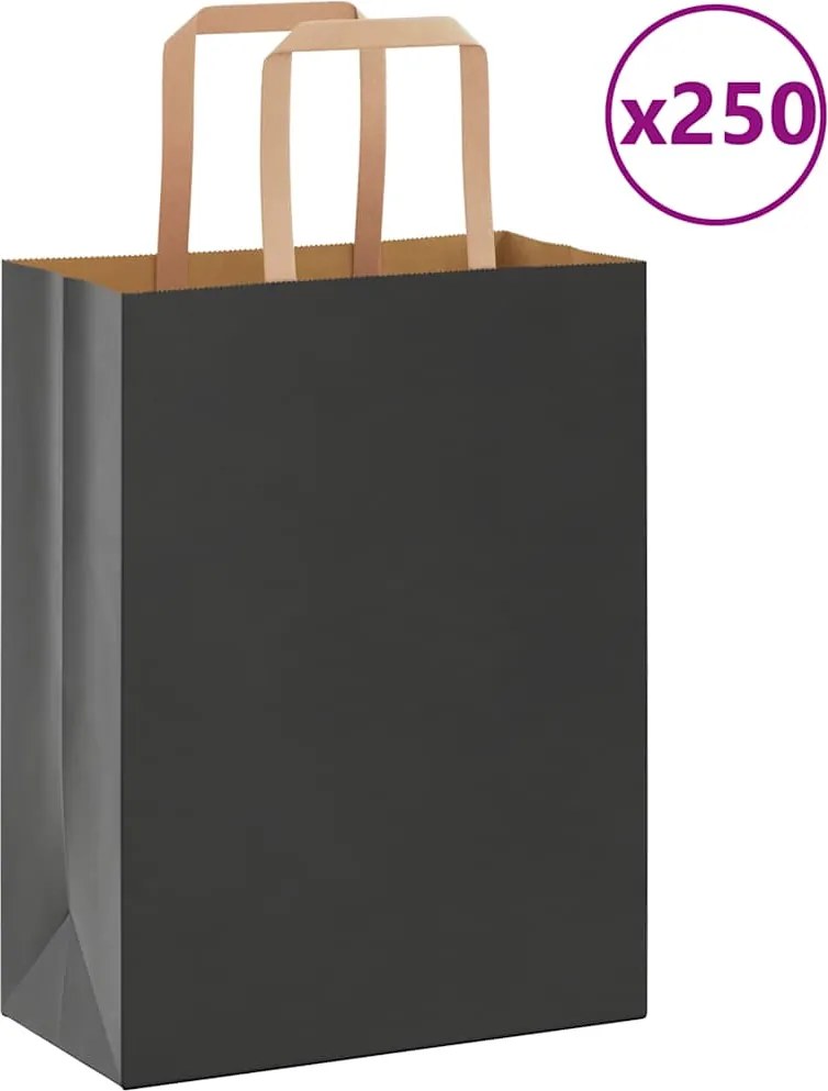 vidaXL Sacos de papel 250 unid com alças preto 21x11x28 cm