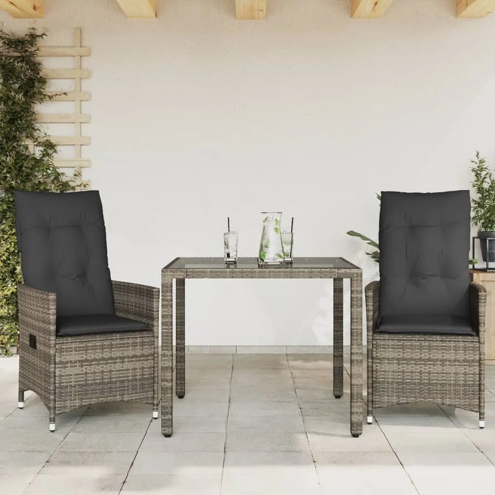 3 pcs conjunto bistrô com almofadões vime PE cinza