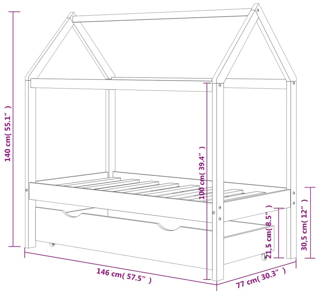 Cama p/ crianças c/ gaveta 70x140 cm pinho maciço cinza-escuro