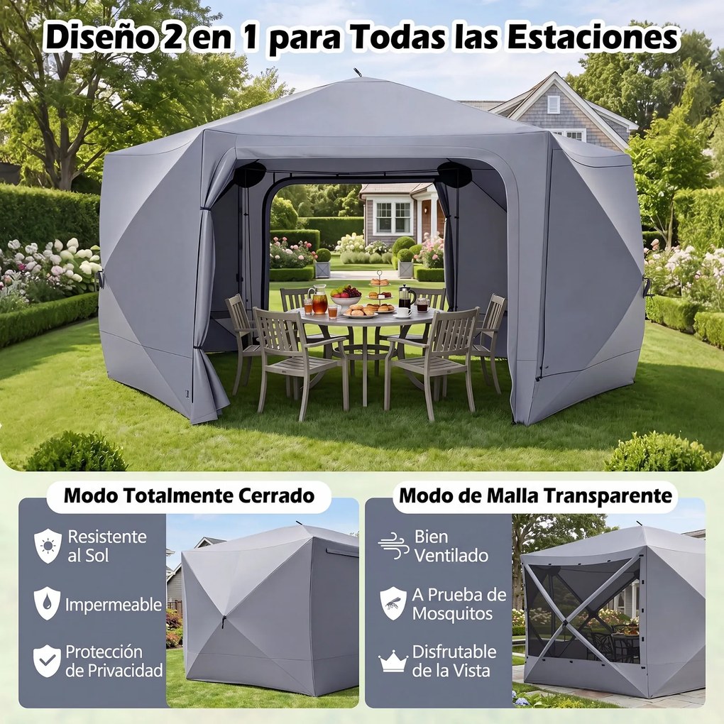Tenda de Jardim Emergente de Seis Lados, 427 x 427 x 243 cm, Montagem Rápida, Cinzento