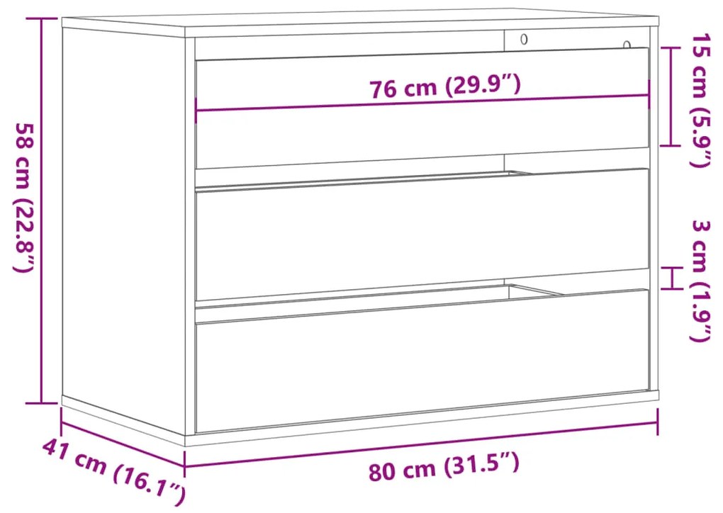 Cómoda com 3 Gavetas - 80x41x58 cm - derivados de madeira - cinzento c