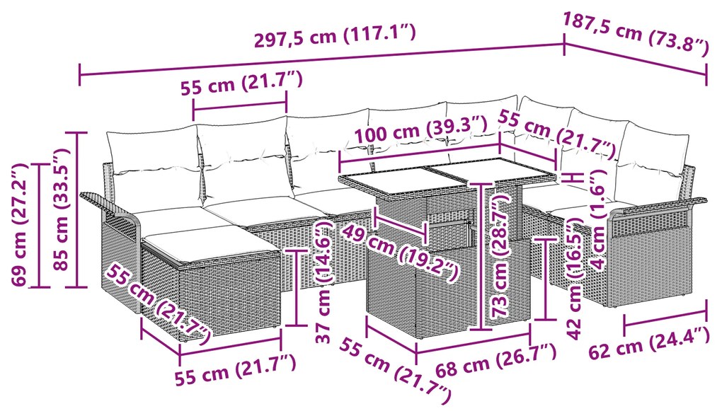 Conjunto de Sofás de Jardim de 9 Peças com Almofadas Cinzento-Claro de