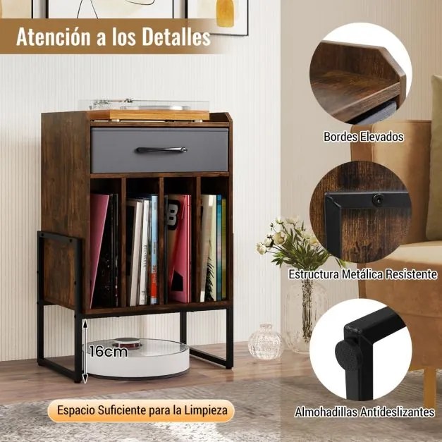 Móvel para gira-discos 45 x 32,5 x 68,5 cm com gaveta em tecido e prateleiras abertas em metal para discos de vinil; ideal para sala de estar, quarto