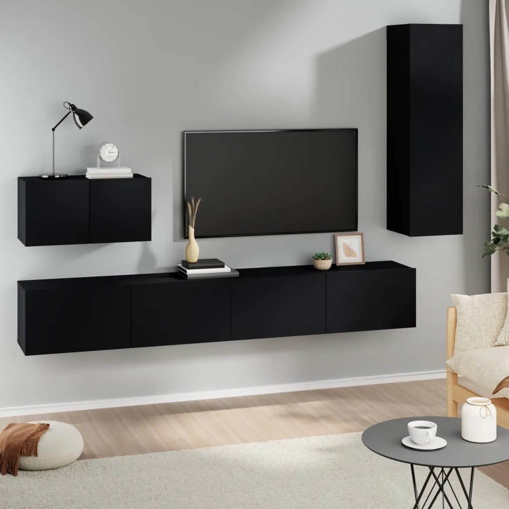 vidaXL Conjunto móveis de TV 4 pcs madeira processada preto