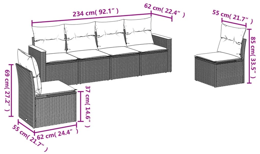 6 pcs conjunto de sofás p/ jardim com almofadões vime PE bege