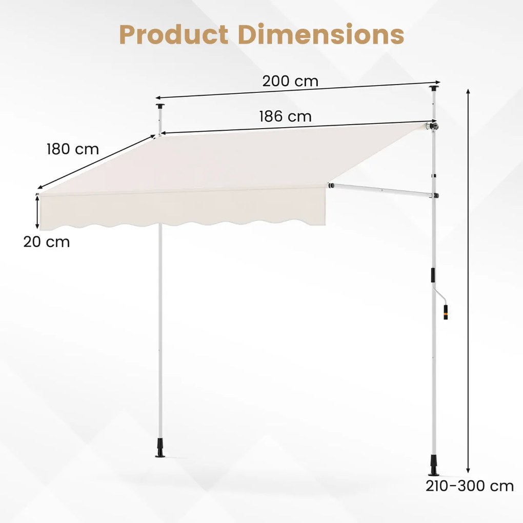 Toldo retrátil manual 2 m x 180 cm Sombra exterior ajustável sem perfuração com manivela para pátio, varanda, jardim Branco