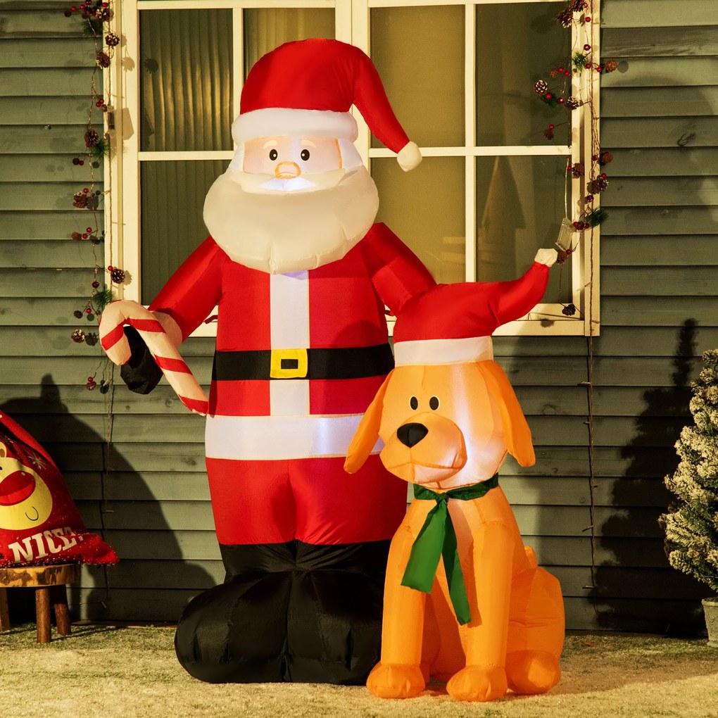 Pai Natal Insuflável com Cão 9 Luzes LED IP44 e Inflador Elétrico Decoração de Natal para Interiores Exteriores 117x80x157cm Multicor