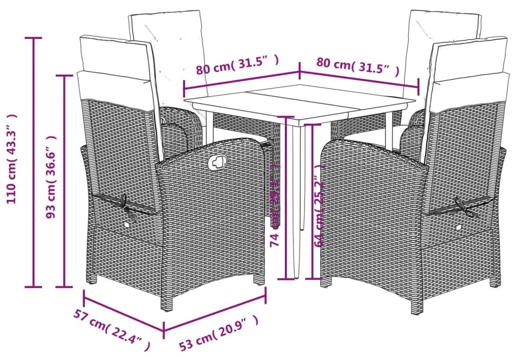 5 pcs conjunto de jantar p/ jardim c/ almofadões cinzento claro