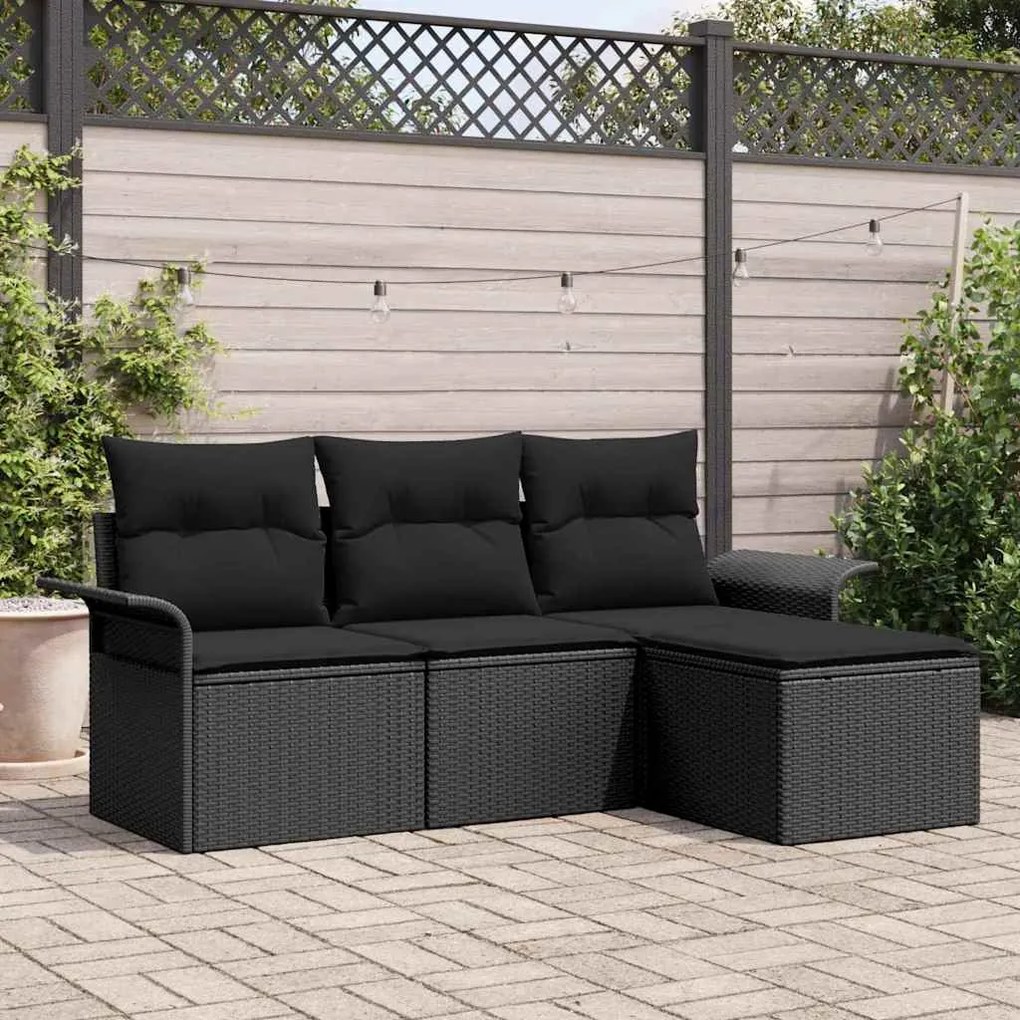 Conjunto de Sofás de Jardim vidaXL 4 Peças com Almofadas Preto Vime Po