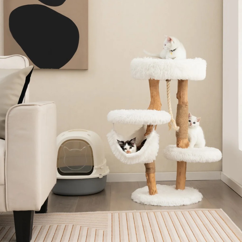 Arranhador para gatos em madeira maciça com postes de sisal Rede de dormir Corda de sisal Pendurada Corda de sisal 41 x 41 x 87 cm Natural e branco
