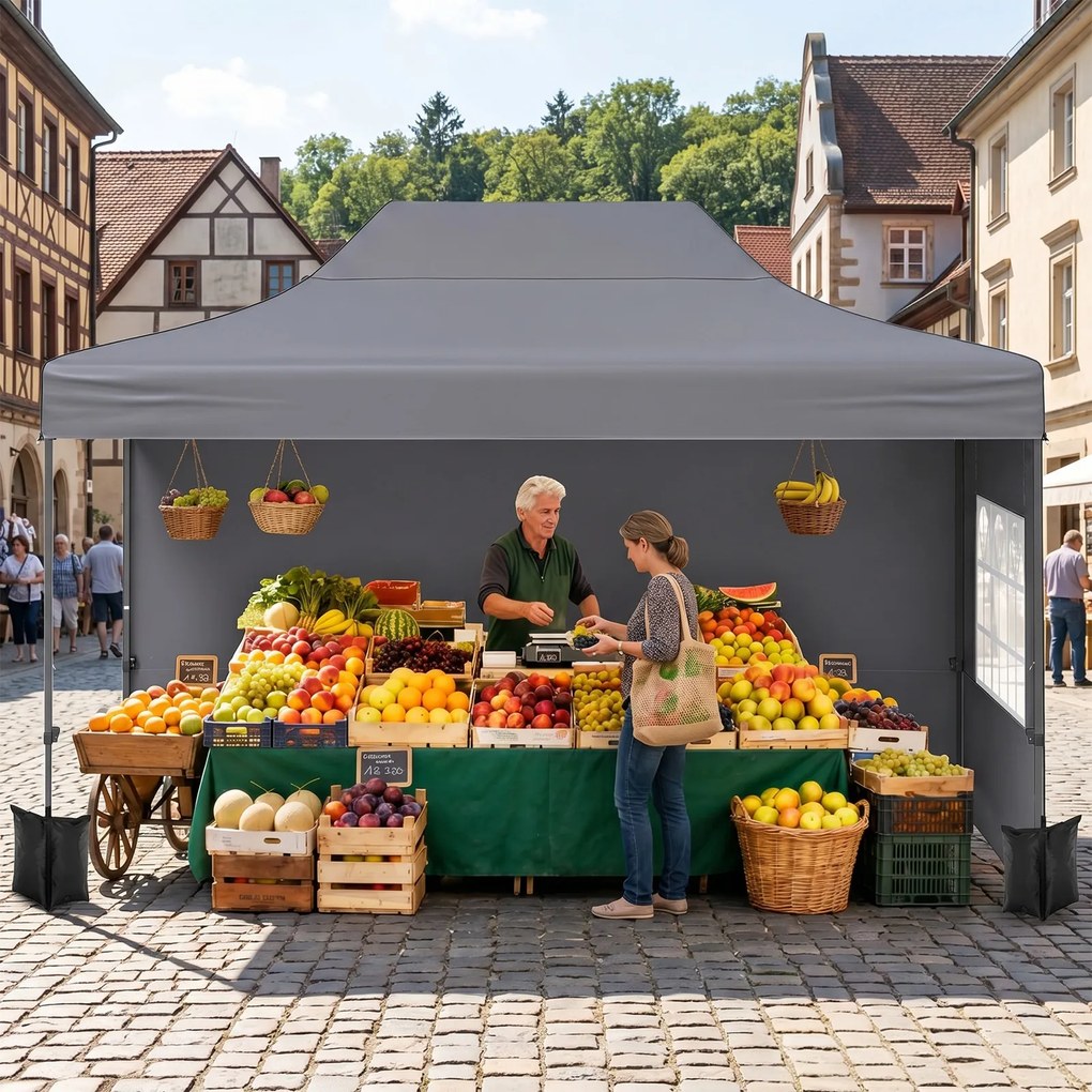 Tenda dobrável 431 x 291 cm, pop-up com 4 paredes amovíveis, altura ajustável, 4 x Sacos de areia, saco de transporte, rodas, impermeável, para pátio,
