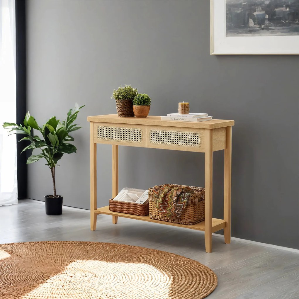 Mesa consola com 2 gavetas estilo boho 30 x 80 x 100 cm Bege