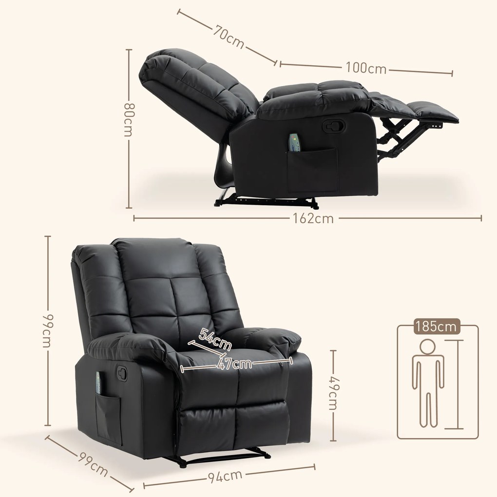 Poltrona de Massagem Poltrona Relax Reclinável com 8 Pontos de Massagem Controlo Remoto Estofada em PU 94x99x99 cm Preto