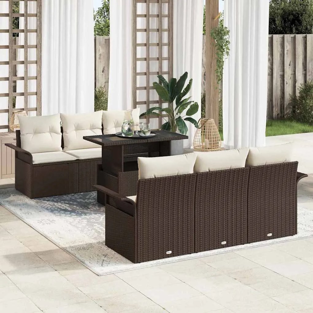 vidaXL Conjunto de Sofá de Jardim com 7 Peças e Almofadas Castanho em Rattan Poliéster