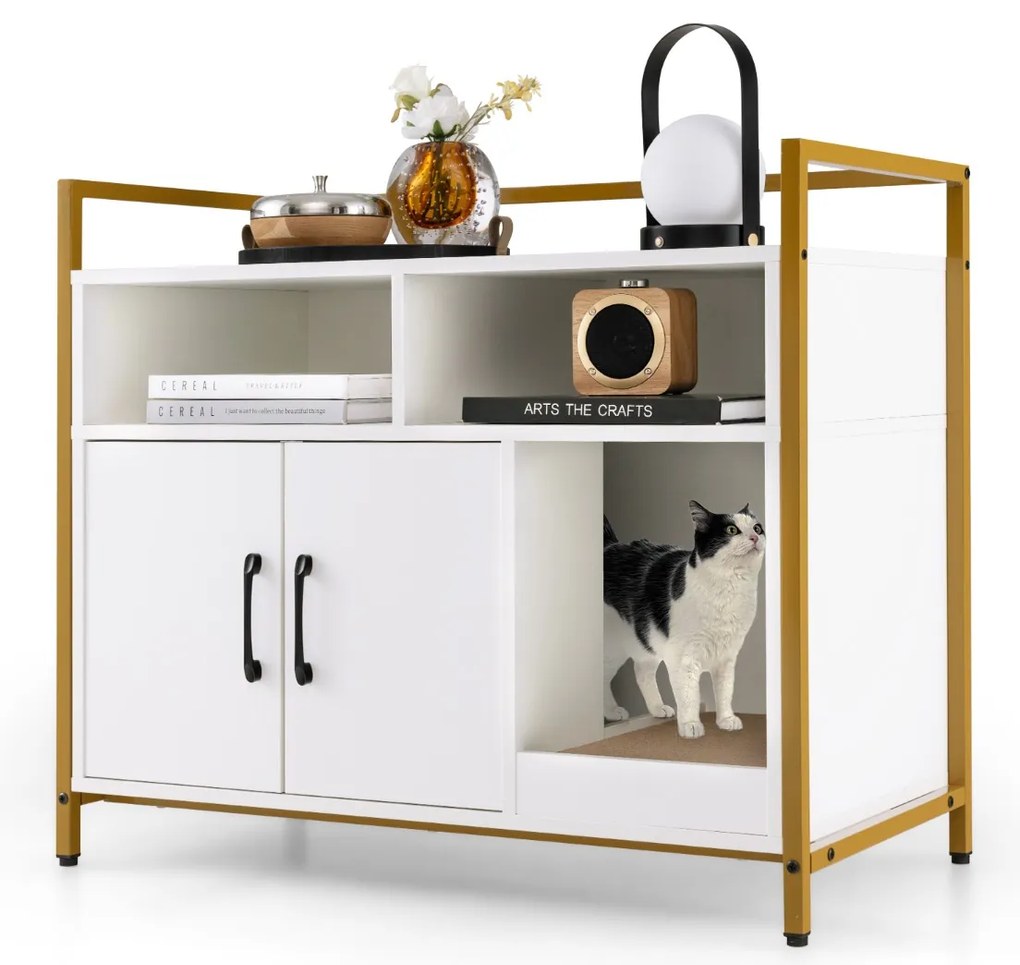 Caixa de areia para gatos com compartimento de armazenamento e arranhador removível - Branco