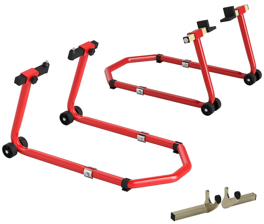 HOMCOM Suporte de Roda Dianteira e Traseira para Mota Carga 390 kg com Adaptadores de Garfos em U e L Ajustáveis Vermelho | Aosom Portugal