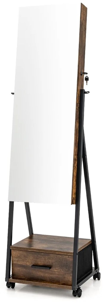 Armário de pé para jóias com espelho de corpo inteiro Organizador de jóias com porta Gavetas Rodas bloqueáveis 42 x 38 x 157 cm Castanho