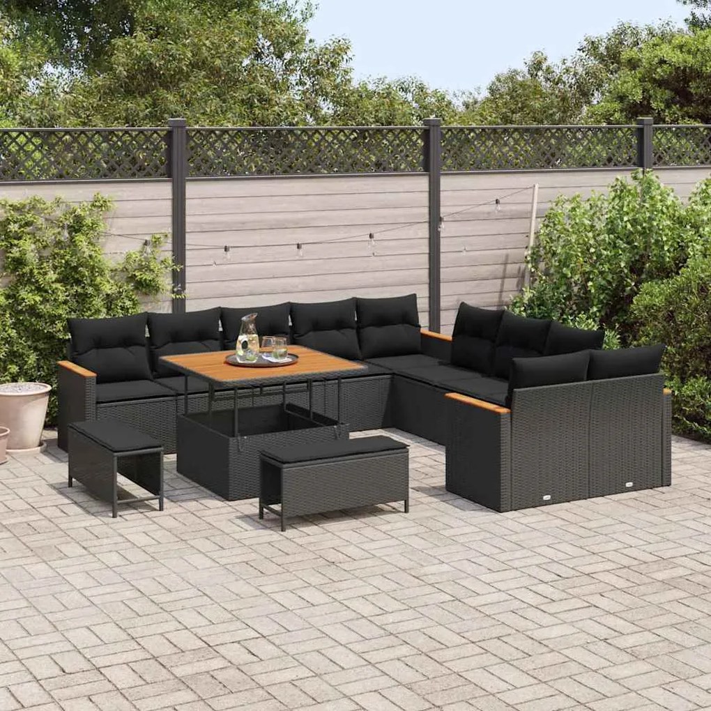 Conjunto de Sofá de Jardim com Almofadas de 13 Peças Preto Poly Rattan