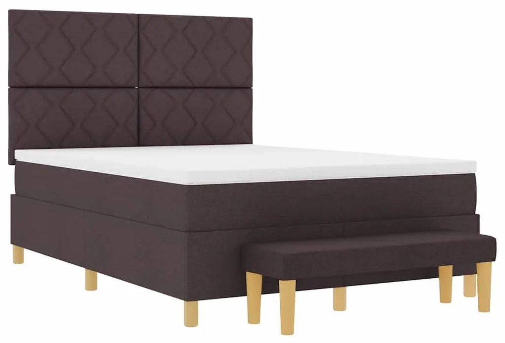Cama Box Spring com Colchão &amp; Banco Castanho Escuro 140x200 cm Tecido