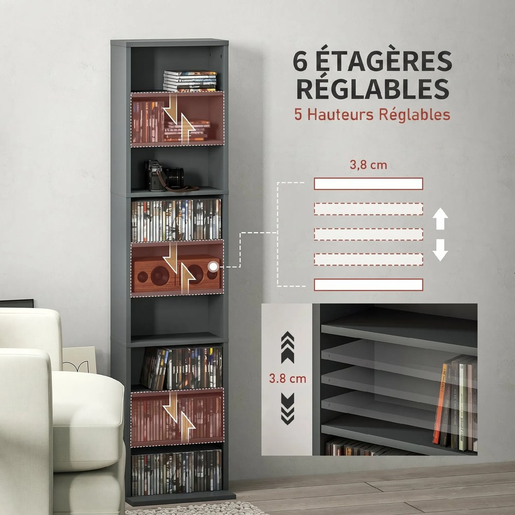 Organizador para CD e DVD com 9 compartimentos e 6 prateleiras ajustáveis; capacidade máxima de 260 CD/120 DVD; 33 x 24 x 140 cm; cinzento