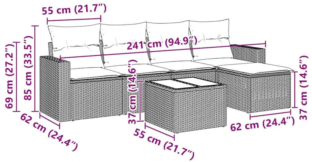6 pcs conjunto sofás de jardim c/ almofadões vime PE preto