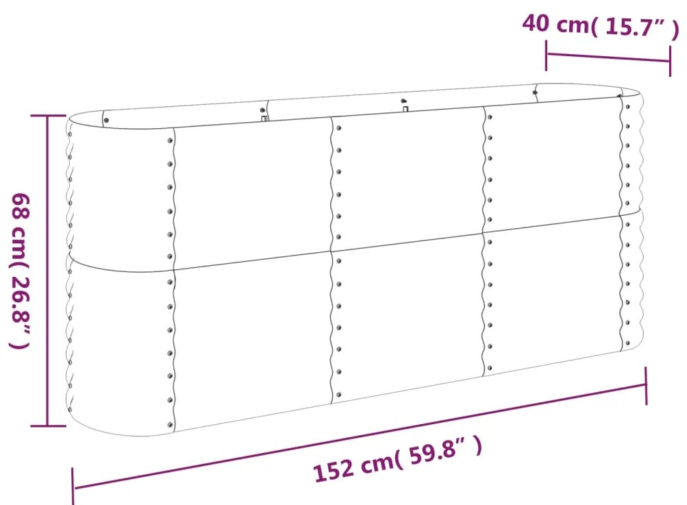 Canteiro elevado jardim 152x40x68cm aço revestido a pó cinzento