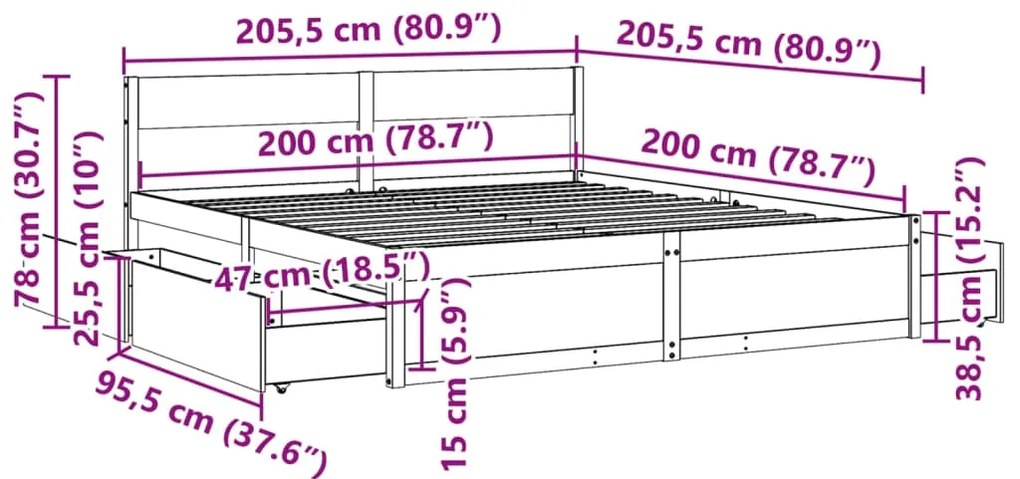 Cama sem colchão 200x200 cm madeira de pinho maciça branco
