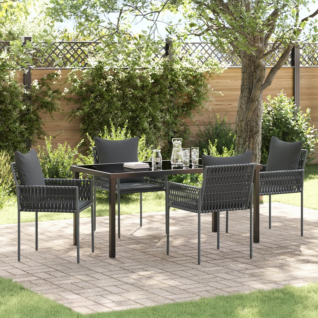 Conjunto de 5 Peças de Jantar de Jardim com Almofadas Pretas Vime PE