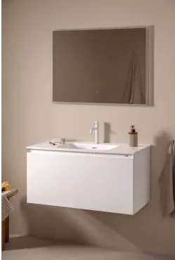 Conjunto De Móvel De Casa De Banho Suspenso Em Madeira Com Lavatório Integrado Macrae Branco & Led Retangular E Anti-embaciamento 100x70 Cm - Sklum