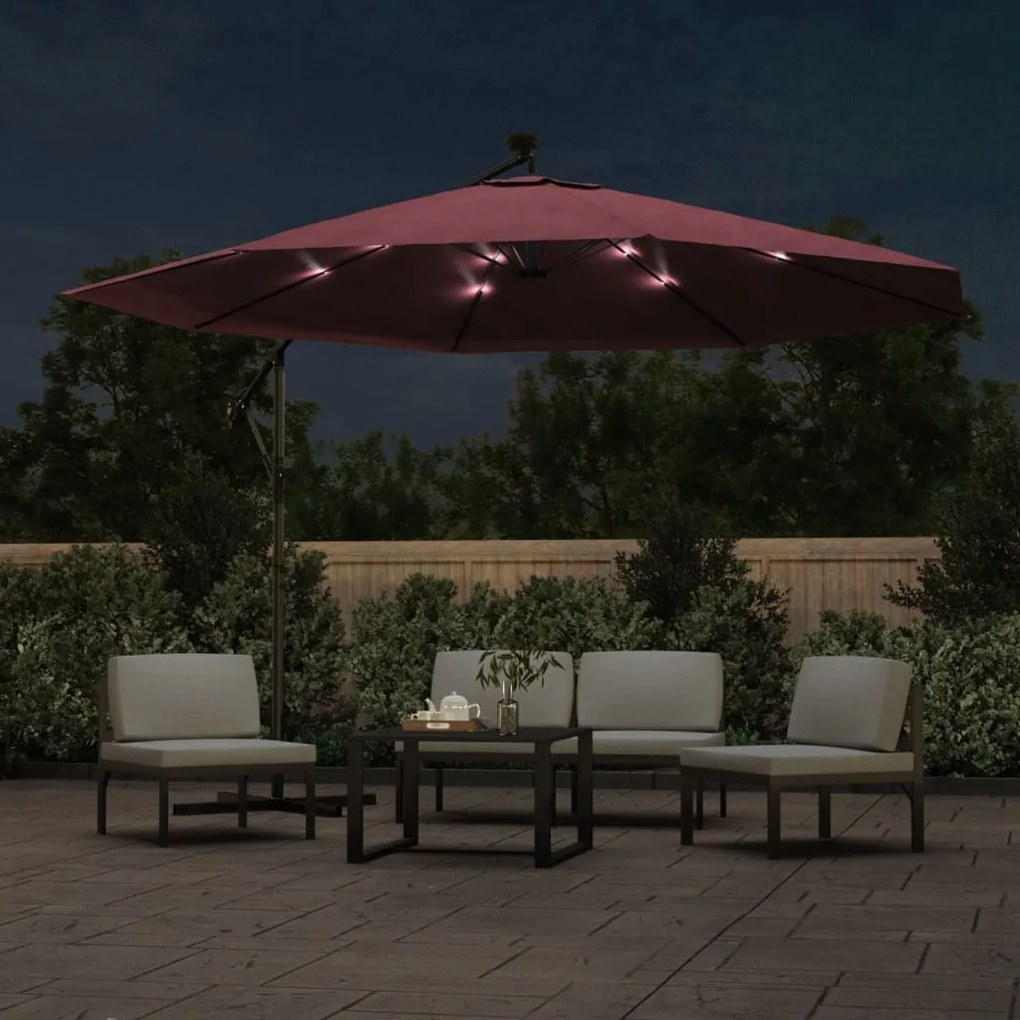 Guarda-sol de jardim cantilever com luzes LED 350 cm bordô