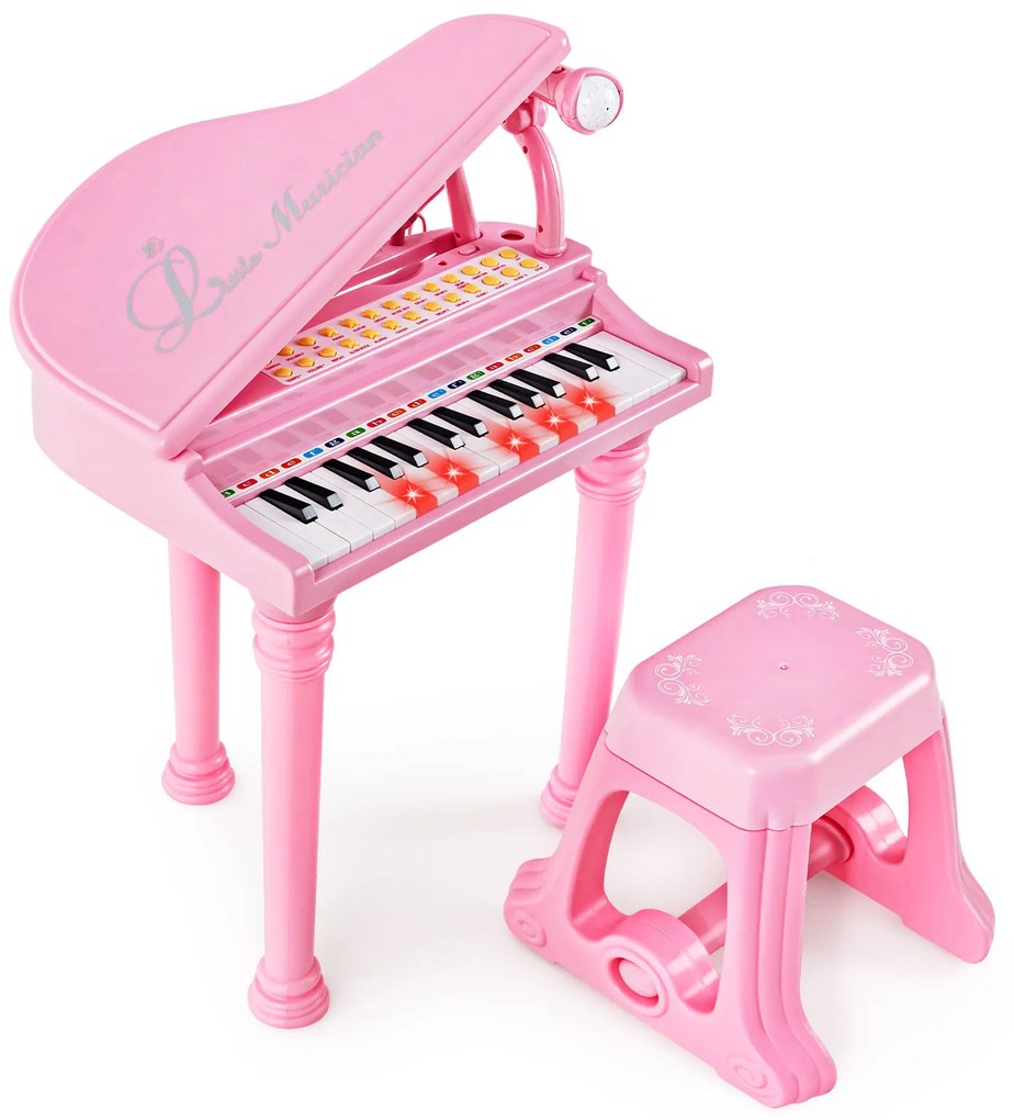 Teclado de piano infantil de 31 teclas com banco, microfone e tampa de piano - branco