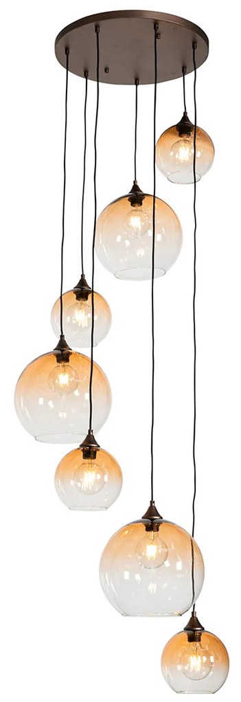 Candeeiro de suspensão Art Déco bronze escuro com vidro âmbar 7 luzes - Sandra