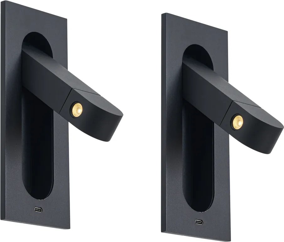 Conjunto de 2 candeeiros de parede modernos pretos com LED e porta USB-C - Hilton