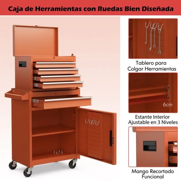 Caixa para ferramentas (NÃO INCLUIDAS) com 5 gavetas e rodas bloqueáveis, prateleira ajustável 59 x 28 x 102 cm, laranja