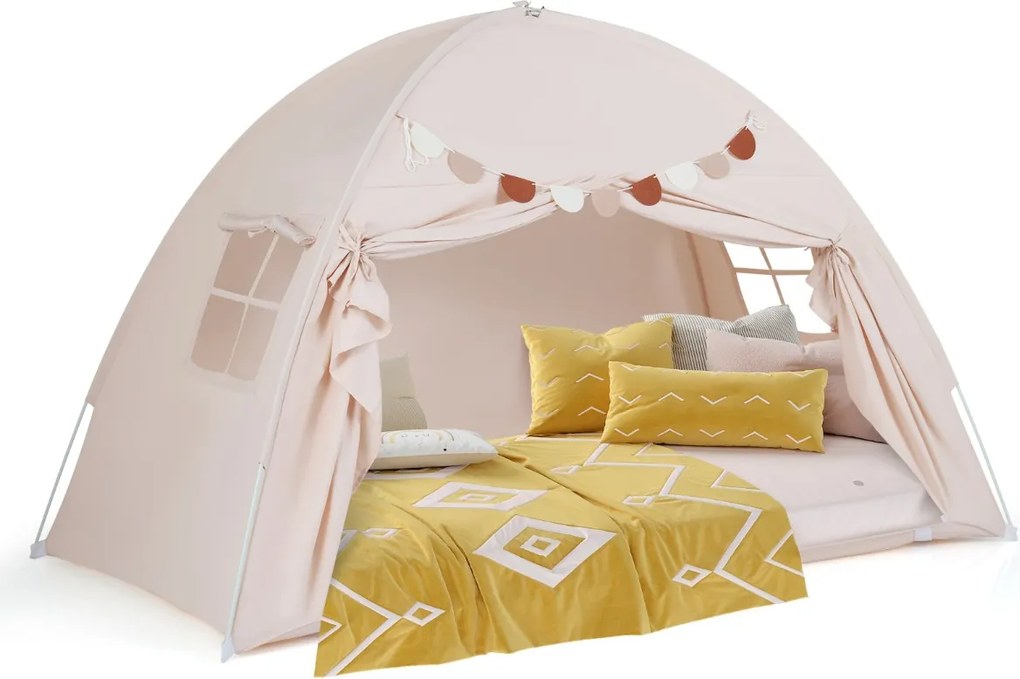 Tenda dobrável e portátil brincar para crianças 201 x 100 x 122 cm com 2 janelas e bandeiras para beliches duplos Bege