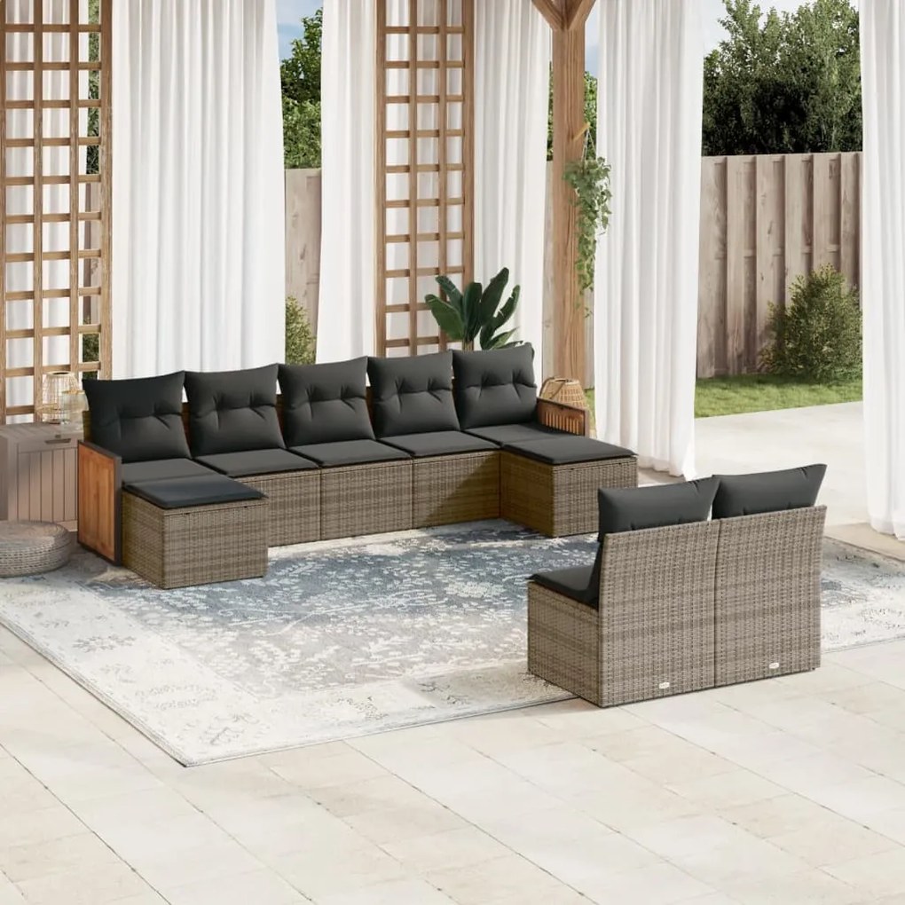 9 pcs conjunto sofás p/ jardim com almofadões vime PE cinzento
