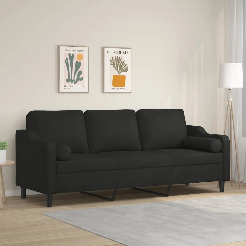 vidaXL Sofá de 3 lugares c/ almofadas e almofadões 210 cm tecido preto
