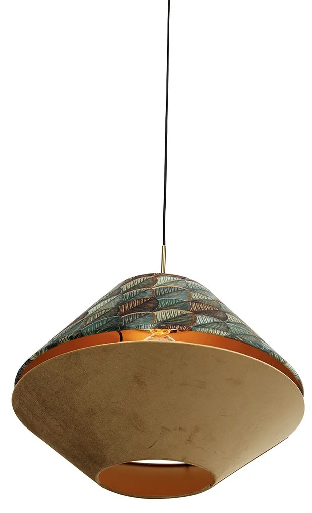 Candeeiro suspenso moderno bronze com abajur de veludo duplo, design de folha e bege - Combi 1 Clássico / Antigo