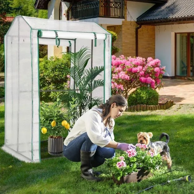 Estufa de jardim com 2 portas de correr com fecho de correr Cobertura em PE durável e estrutura em aço com 8 furos 100 x 81 x 150 cm