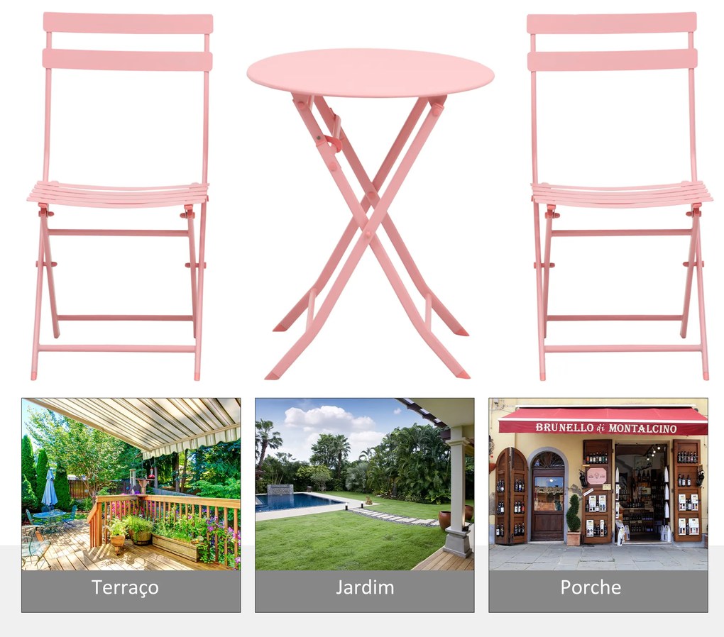 Conjunto de Móveis de Jardim Dobráveis Conjunto de 1 Mesa Redonda e 2 Cadeiras de Varanda com Estrutura de Aço Rosa
