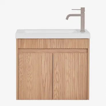 Conjunto De Móvel De Casa De Banho Suspenso Em Madeira Com Lavatório Integrado Narek Castanho Fresno & Sem Espelho & Castanho - Sklum