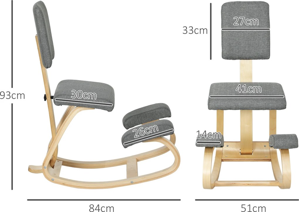 Cadeira Ergonómica de Joelhos com Encosto Almofadas Acolchoadas Estrutura de Madeira para Melhor Postura 51x84x93 cm Cinzento