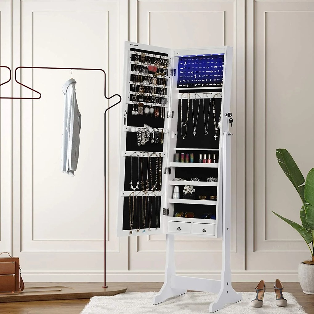Armário para jóias com espelho com LED 41 x 151 x 36,5 cm branco