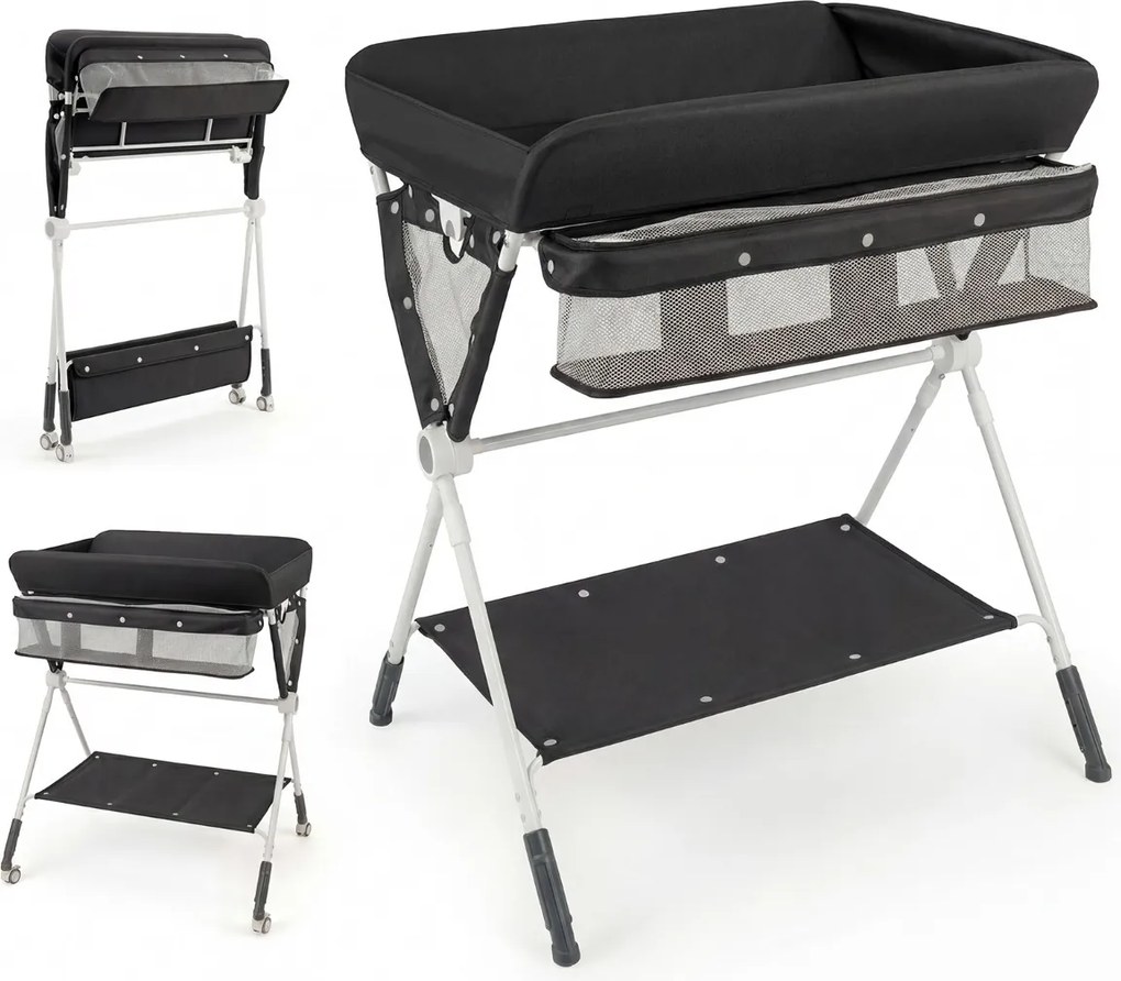 Mesa Trocador fraldas para Bebés Portátil e Dobrável Altura Ajustável 3 Níveis Organizador Móvel com Cesto Prateleira Rodas e Travão Preta