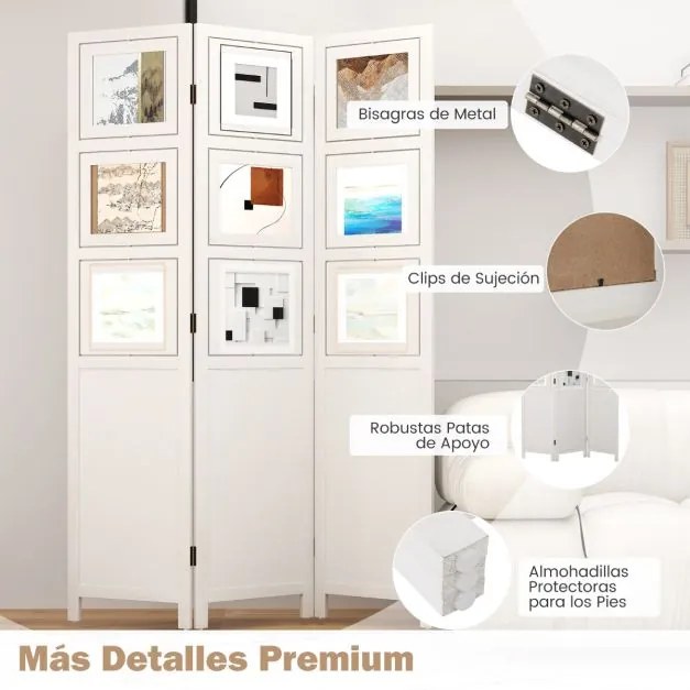 Biombo com 9 Molduras Giratórias 121 x 170 cm de 3 Painéis s para Casa Escritório Branco