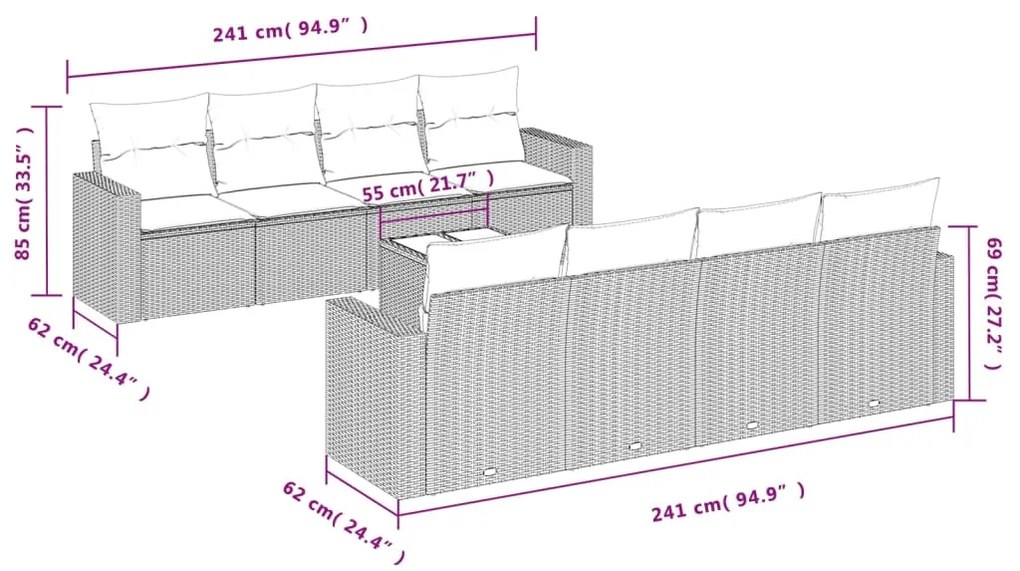 9 pcs conjunto sofás p/ jardim com almofadões vime PE cinzento