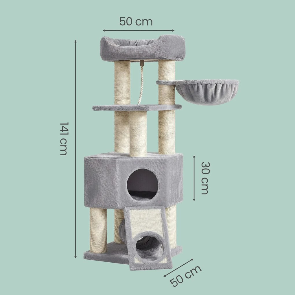 Arranhador para gatos, com caverna 50 x 50 x 141 cm cinza claro