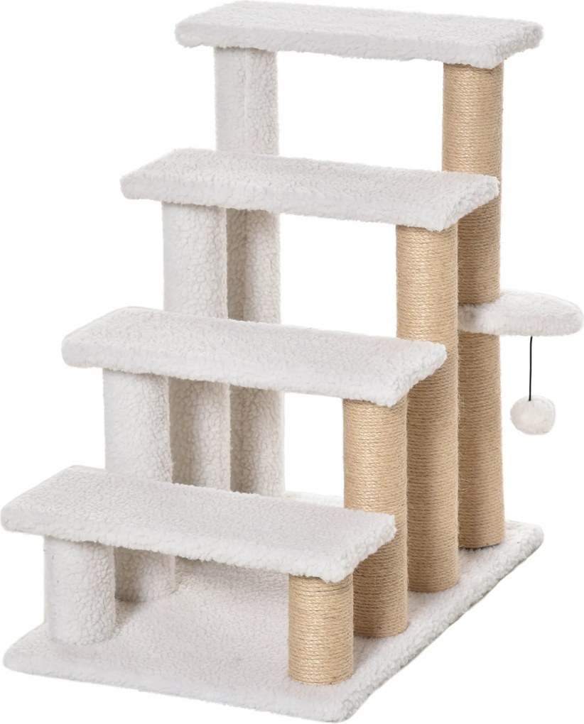 PawHut Escada para Gatos de 4 Níveis Coberta de Pelúcia Suave Poste de Juta Bola Pendurada Arranhador para Gatos 60x40x64 cm Branco | Aosom Portugal
