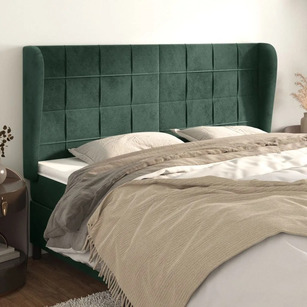 Cabeceira cama c/ abas veludo 203x23x118/128 cm verde-escuro